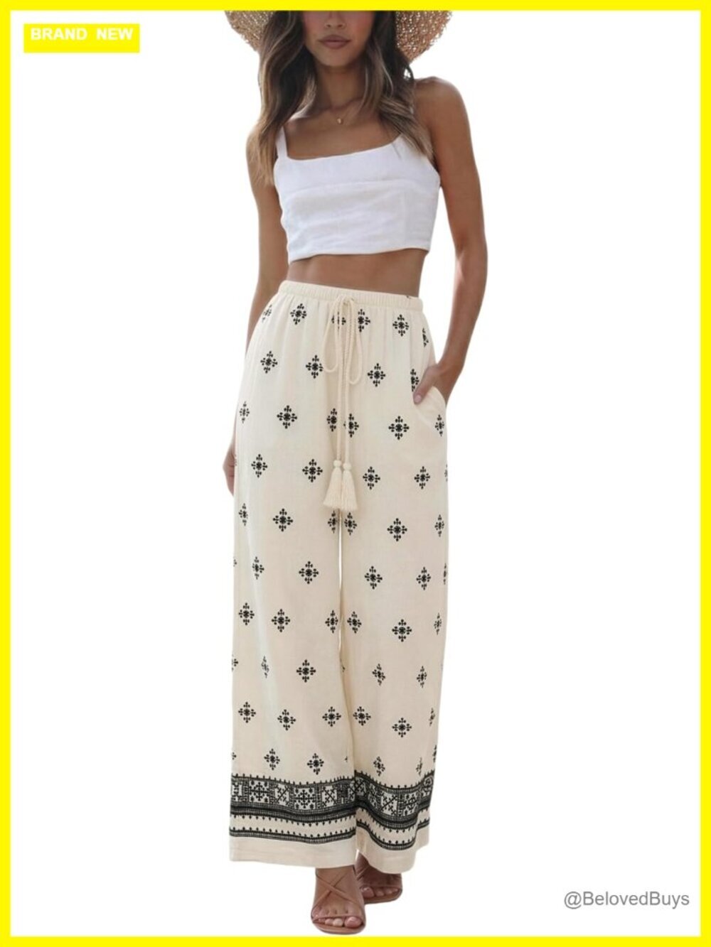 Boho Wide Leg Linen Pants with Pockets High Waist Drawstring